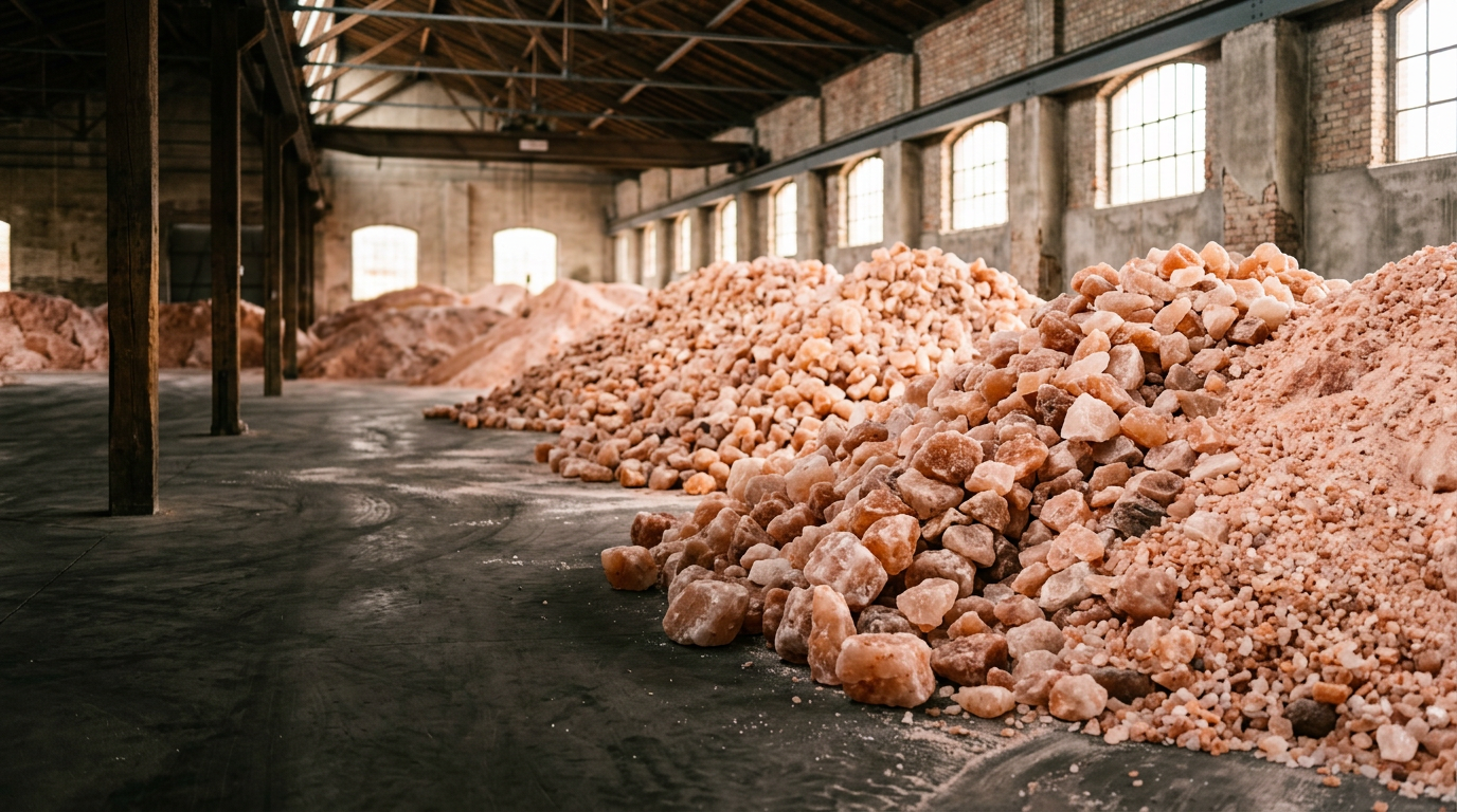 Heaps of pink Himalayan rock salt in a warehouse
