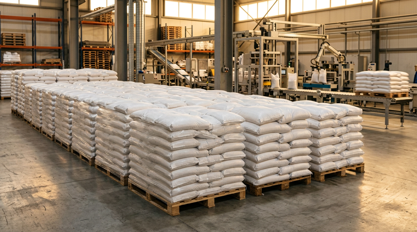 Stacked salt bags on pallets beside a packing line