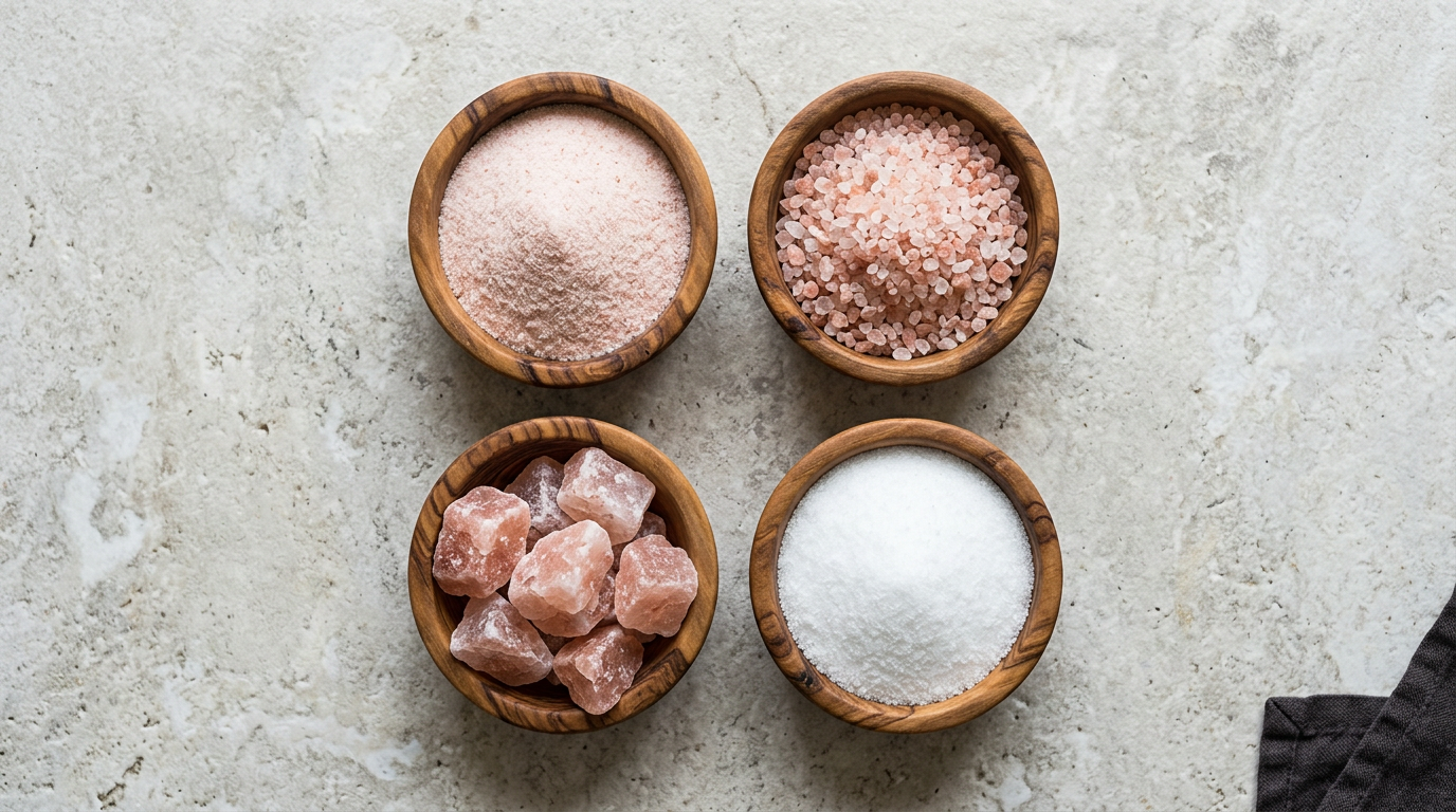 Four bowls of salt: pink powder, pink crystals, pink lumps and white salt
